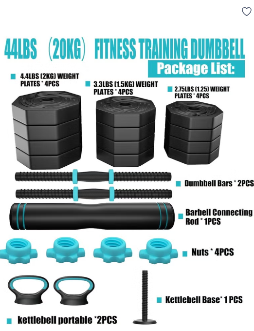 Versatile 6-in-1 Adjustable Dumbbells Set, 20 kg with Connector, Non-Rolling Octagonal Shape, Ideal for Home & Gym Workouts, Transform into Barbell, Kettlebell, Push-Up Set for Total-Body Fitness