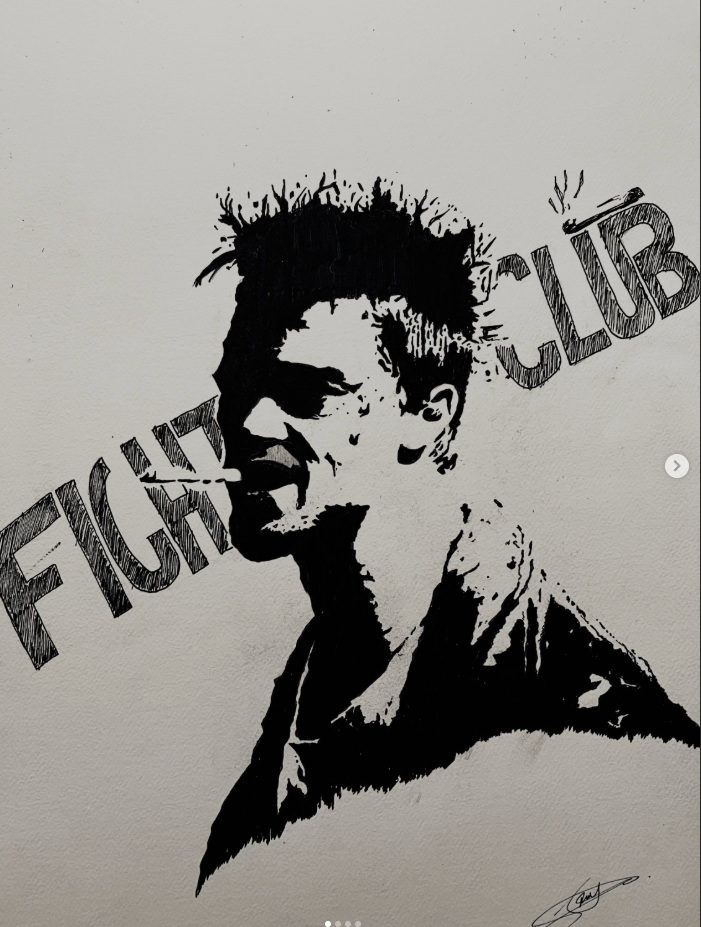 Fight Club Inspired Ink Portrait | Brad Pitt Fan Art Print | Monochrome Wall Art
