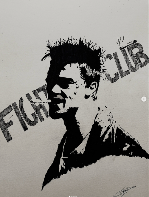 Fight Club Inspired Ink Portrait | Brad Pitt Fan Art Print | Monochrome Wall Art