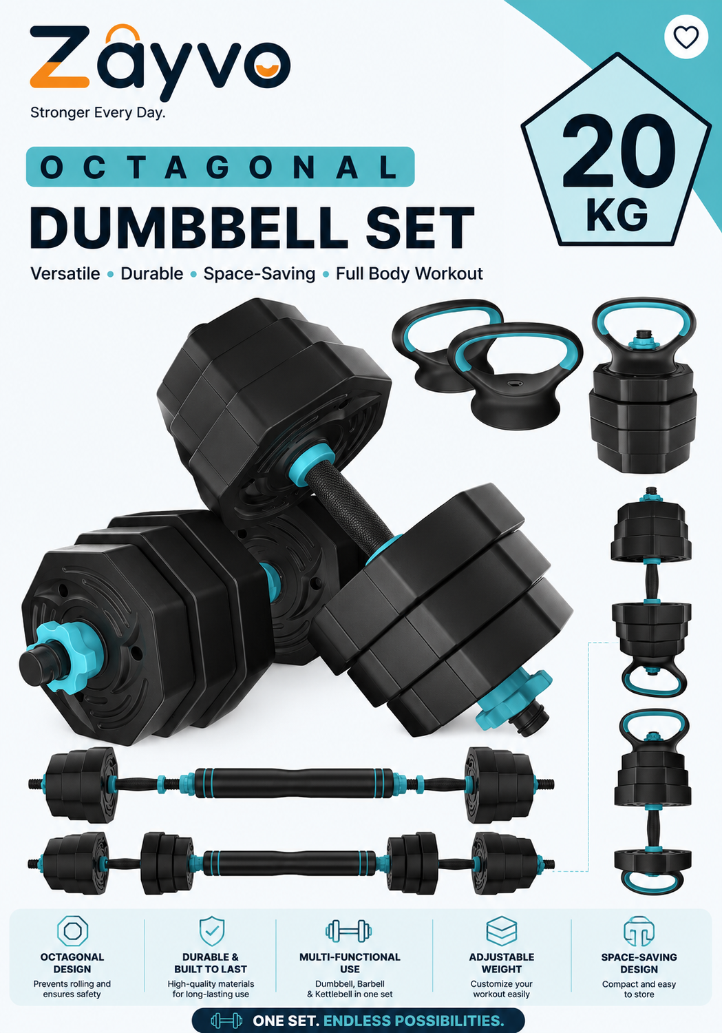 Versatile 6-in-1 Adjustable Dumbbells Set, 20 kg with Connector, Non-Rolling Octagonal Shape, Ideal for Home & Gym Workouts, Transform into Barbell, Kettlebell, Push-Up Set for Total-Body Fitness