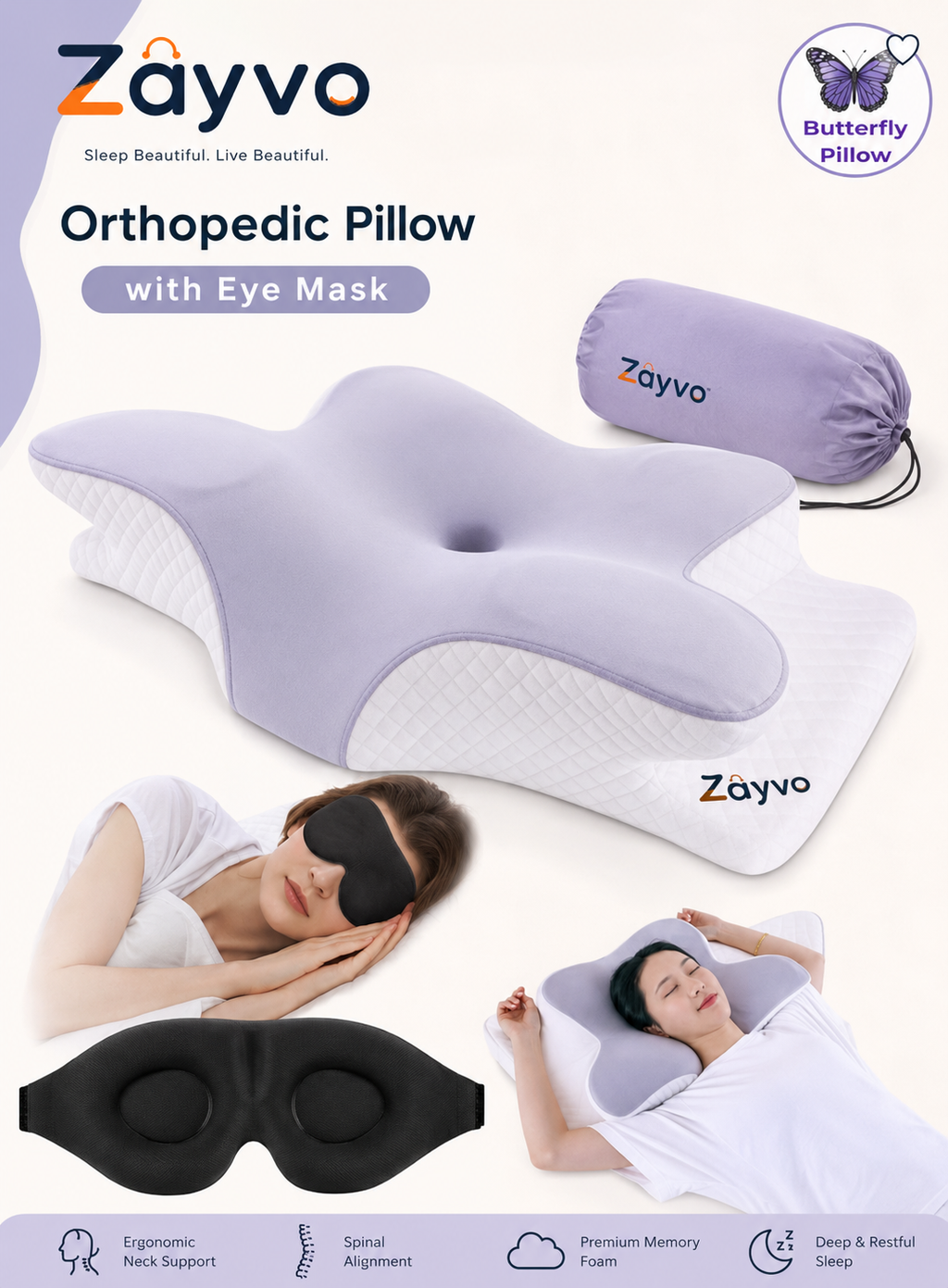 Memory Foam Butterfly-Shaped Cervical Pillow for Shoulder and Neck Pain Relief, Ergonomic Orthopedic Support for Side, Back, and Stomach Sleeping, Washable Cover & Sleeping Eye Mask Included